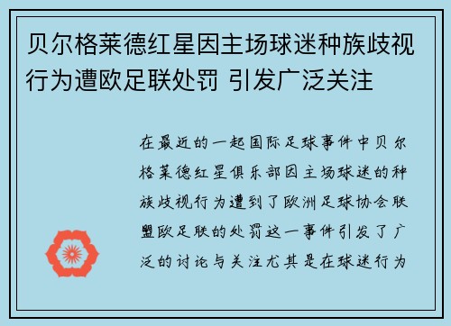 贝尔格莱德红星因主场球迷种族歧视行为遭欧足联处罚 引发广泛关注